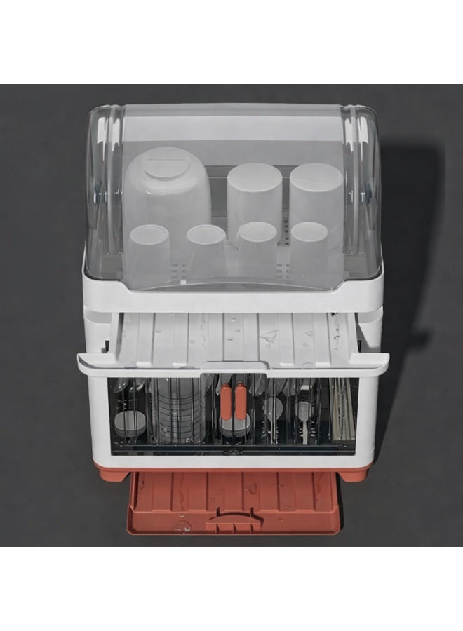 Tier Drain Dish Rack with Cover – Large Capacity Multi-Function Drying Rack with Removable Drain Board for Plates, Cutlery, Cups, and Dishes (Red, Double Layer) - Image 3